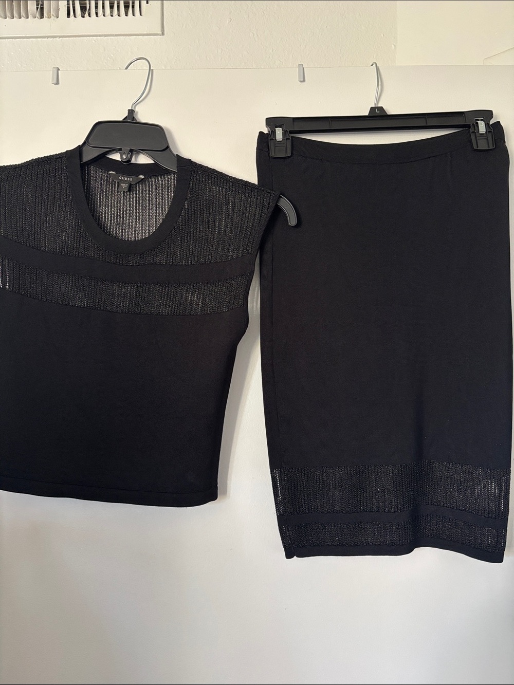 Guess Black Midi Pencil Skirt with Sheer Knit Hem